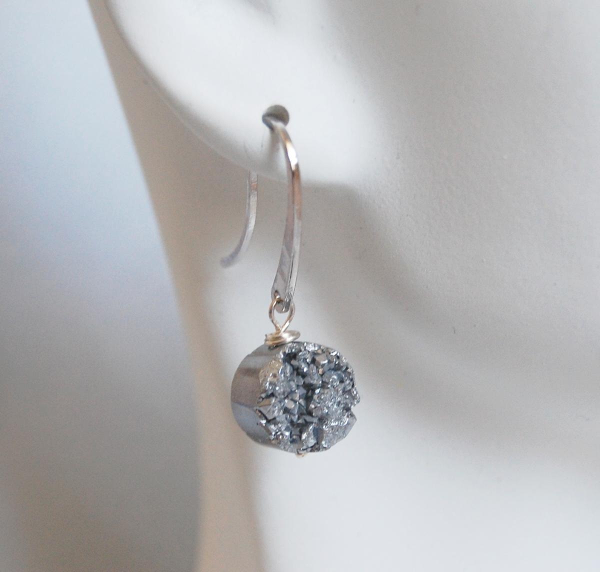 Silver Titanium Druzy Quartz Dangle Drop Earrings - Mother's Day