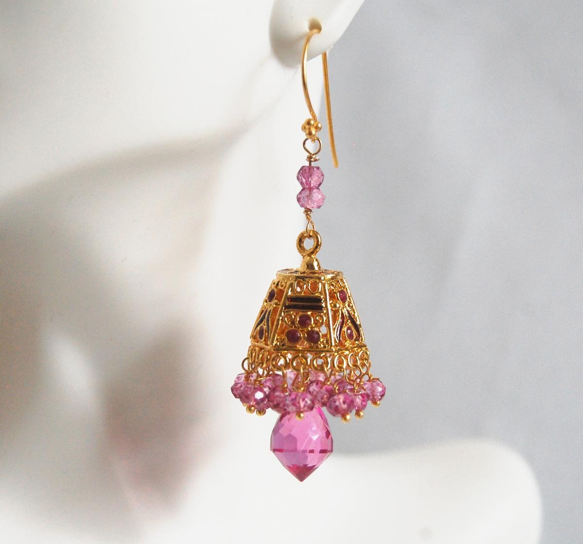 Gorgeous Pink Quartz Chandelier -mystic Rubelite Quartz Gold Enamel Lampshade Bell Chandelier Earringsdangle Drop Earrings