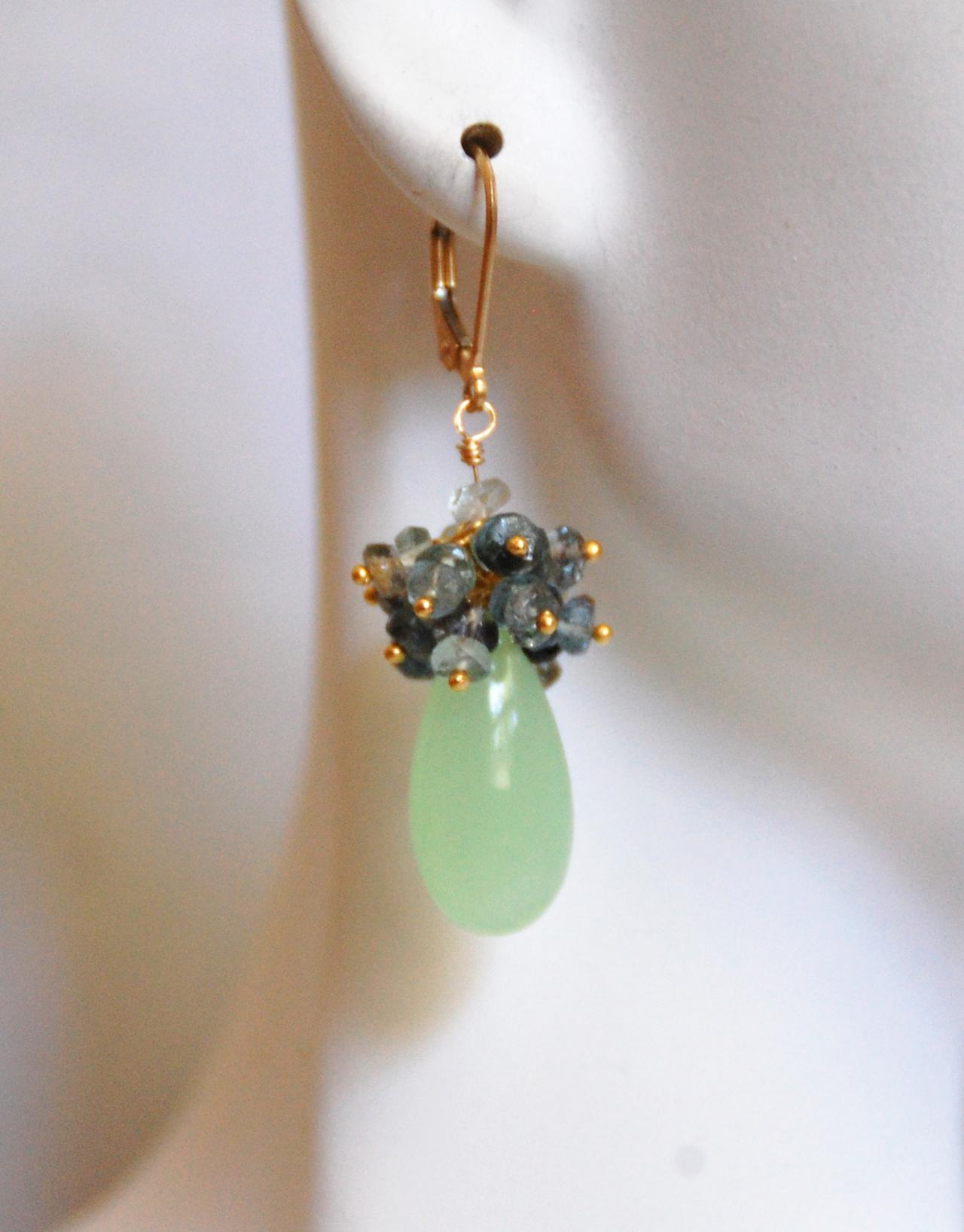 Apple Green Chalcedony And Moss Aquamarine Cluster Earrings- Dangle Drop Cluster Earrings