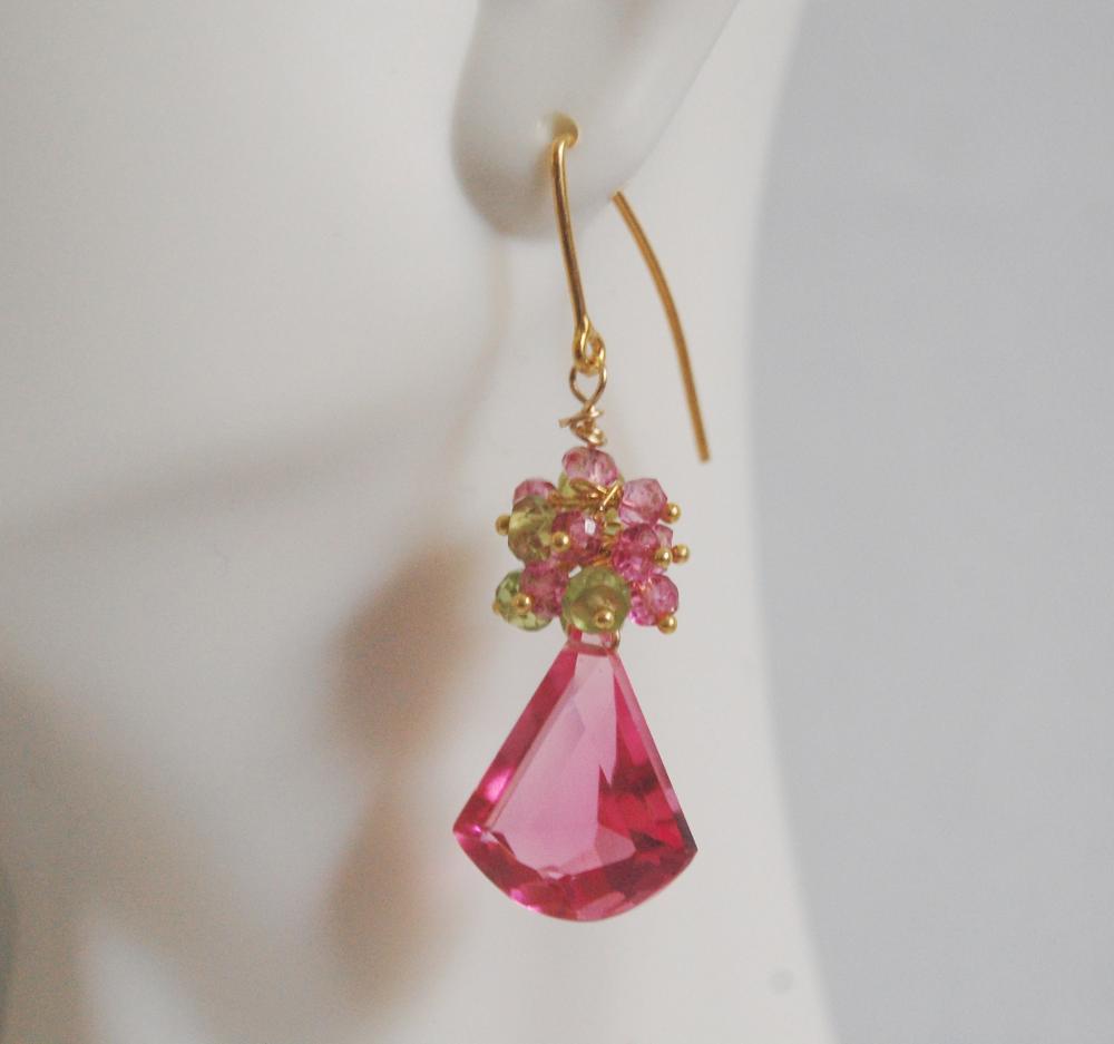  Gemstone Hot Pink Rubelite Corundum Dangle Earrings - Peridot,Pink quartz cluster Dangle earrings