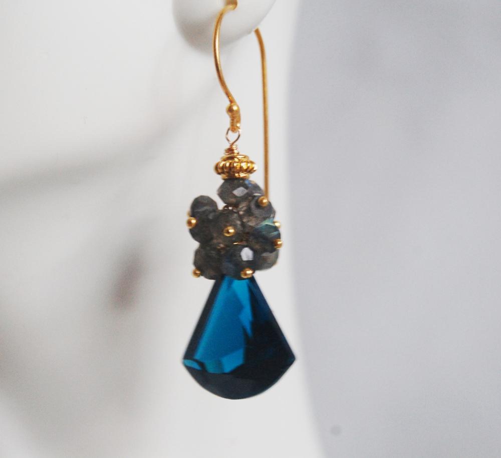 London Blue Quartz Cluster Dangle Earrings - Gemstone Labradorite Cluster Blue Dangle Earrings