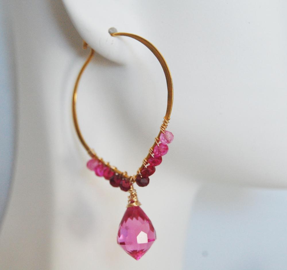 Gemstone Hoop Earrings - Pink Quartz And Shaded Ruby Hoop Chandelier Earrings