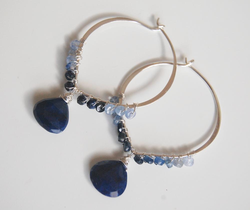 Gemstone Hoop Earrings -dark Blue Sapphire Briolette And Shaded Blue Sapphire Hoop Chandelier Earrings