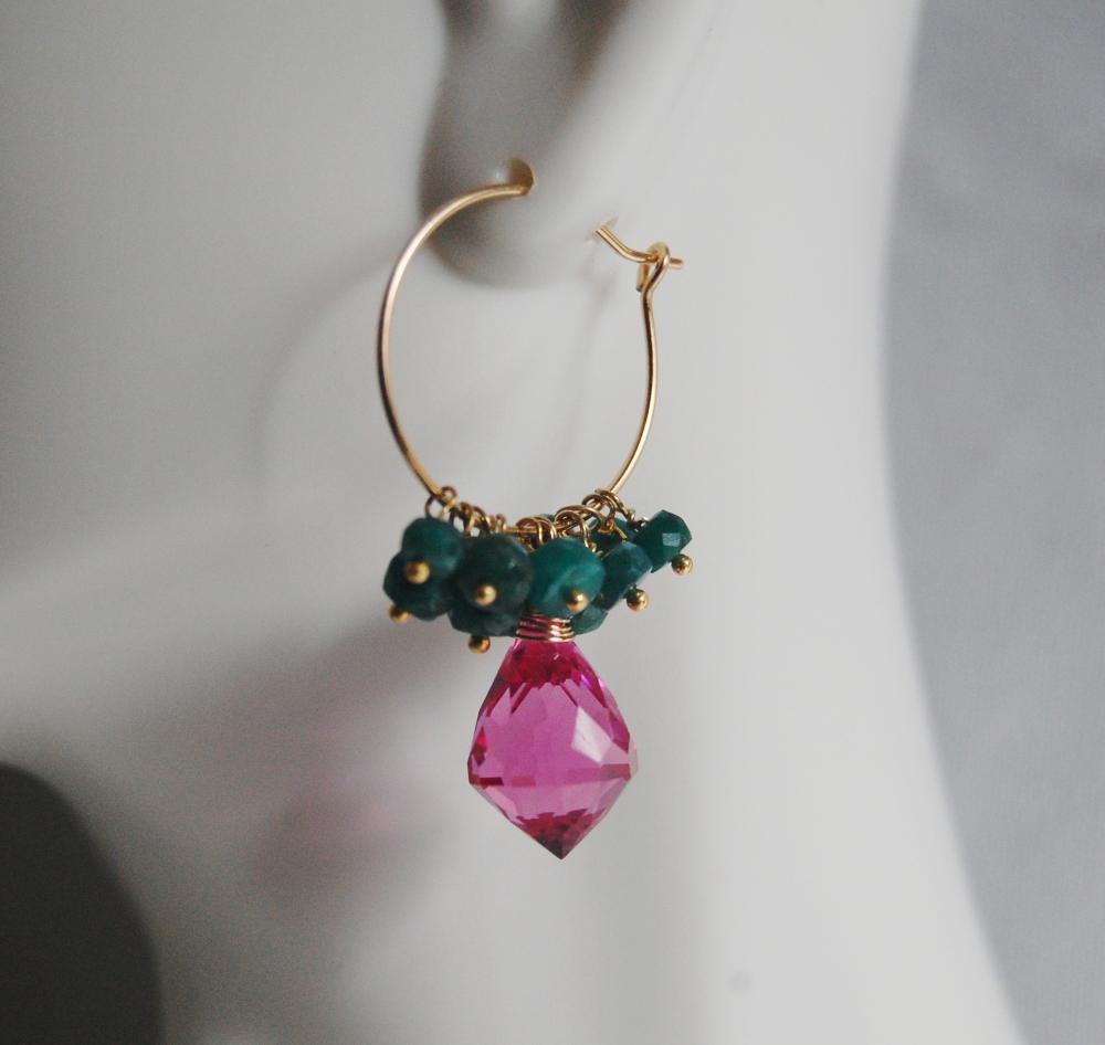 Gemstone Hoop Chandelier Earrings - Pink Quartz And Gorgeous Emerald Hoop Chandelier Earrings