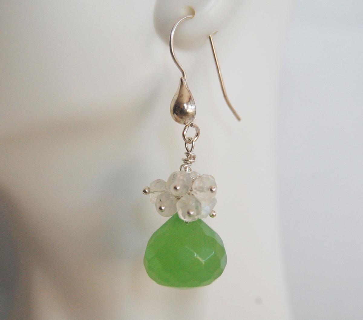 Gemstone Cluster Dangle Earrings - Aaa Green Quartz And Moonstone Cluster Dangle Earrings