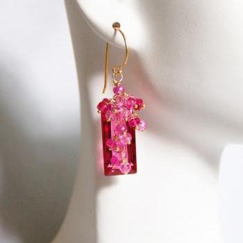 Gorgeous AAA Rubelite Quartz And Genuine Shaded Ruby Rondelles Cluster Dangle Drop Earring -Rubellite Earring-Wedding jewelry-Bridal