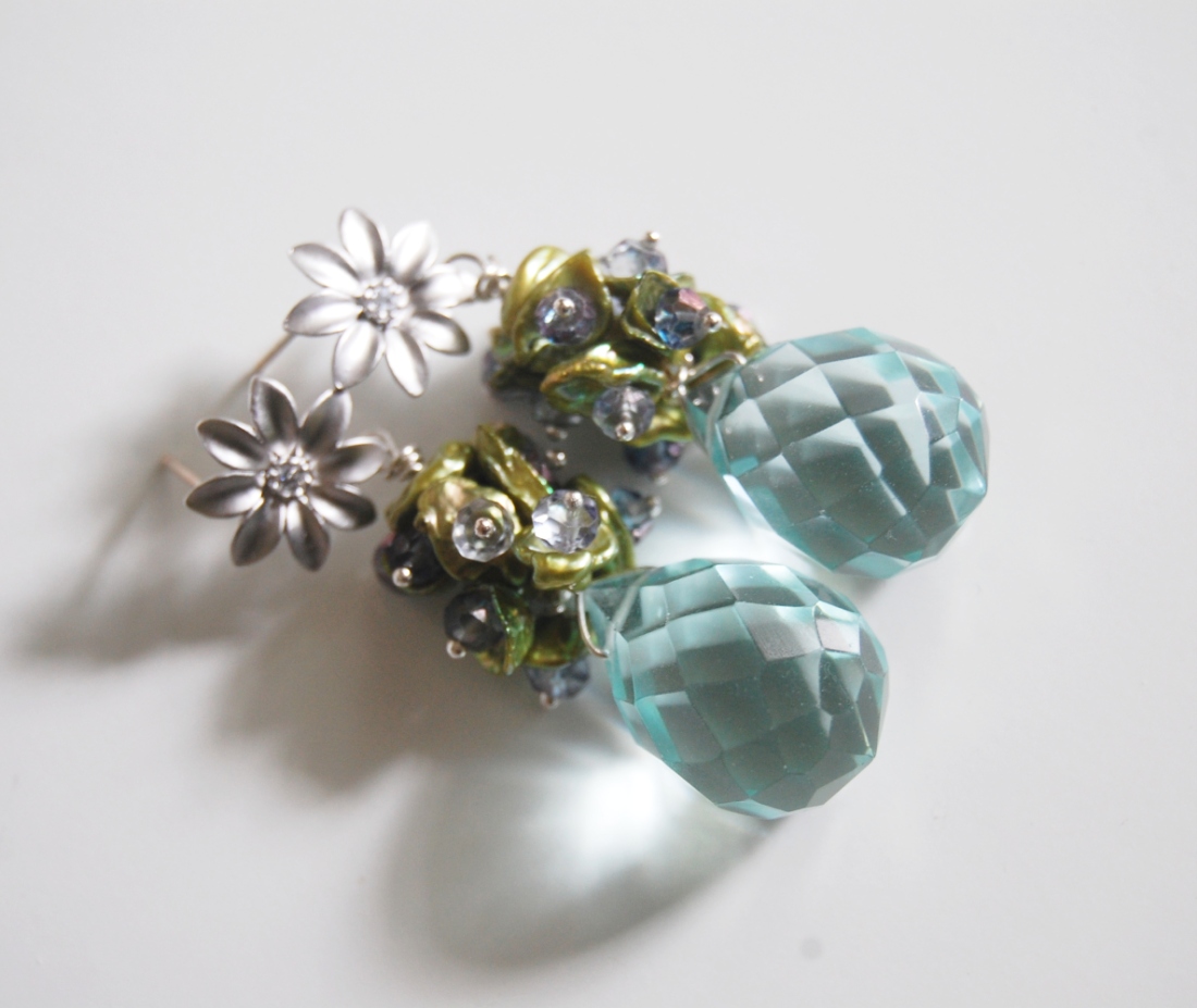 Sky Blue Quartz, Green Keishi Pearl, Iolite Dangle Earrings on Luulla